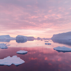 Obraz premium Expansive view of an untouched Arctic landscape, floating icebergs reflecting a pastel sunset sky, crisp ice textures, hyper-detailed realism, ultra-HD cinematic composition, 8K 