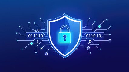 Fototapeta premium Digital security concept with lock and binary code on blue background. Generative AI