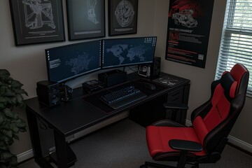 Gaming Setup: Dual monitors, keyboard, speakers, and gaming chair