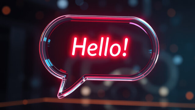 Bright neon speech bubble with hello text glowing in a dark digital background. Generative AI