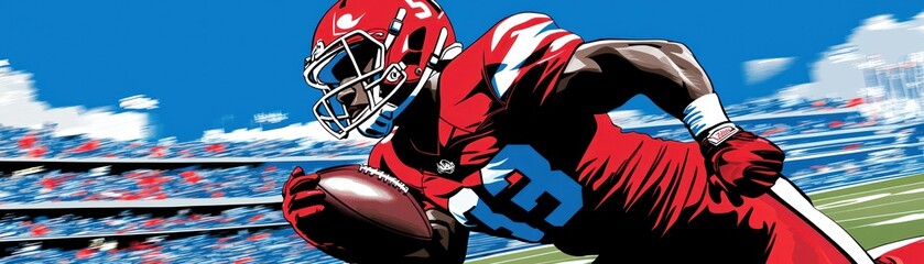 Football player running with ball on stadium