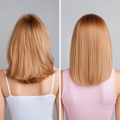 Fototapeta premium Before and after haircut: comparison of short layered and straight blonde hairstyles