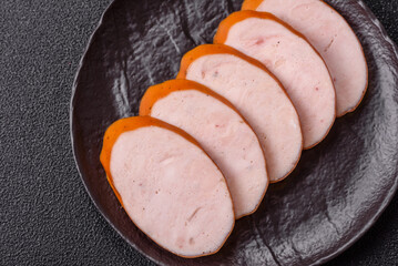 Delicious fresh boiled chicken or pork sausage cut into slices