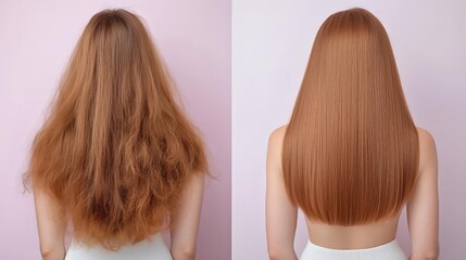 Fototapeta premium Before and after hair transformation: frizzy to smooth silky hair