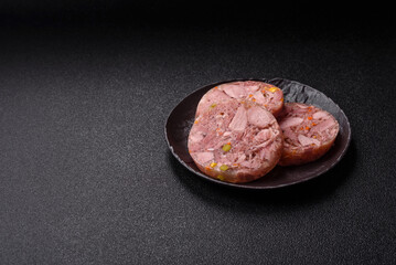 Homemade brawn with salt, spices, herbs and vegetables