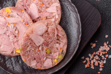 Homemade brawn with salt, spices, herbs and vegetables