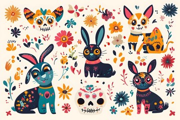 Obraz premium Set of colorful cartoon rabbits with flowers and skulls on their faces. The rabbits are arranged in a row, with some of them looking at the camera. Scene is playful and whimsical