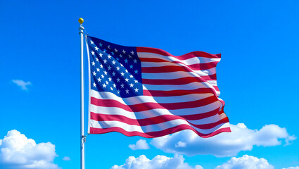 Obraz premium The United States flag waving in the wind against a bright blue sky with scattered white clouds, symbolizing patriotism, freedom, and national pride