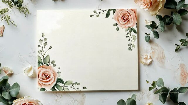 A luxurious wedding invitation design featuring floral borders with pink roses and eucalyptus leaves.