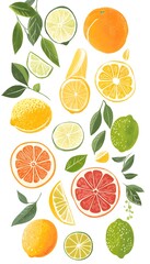 Obraz premium Colorful Illustration Featuring Citrus Fruits and Green Leaves