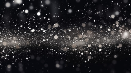 Obraz premium Particules scintillantes et brillantes volant sur fond sombre, noir. Lumière blanche, paillettes argentées et flou. Fond pour bannière, conception et création graphique.