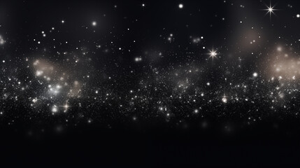 Obraz premium Particules scintillantes et brillantes volant sur fond sombre, noir. Lumière blanche, paillettes argentées et flou. Fond pour bannière, conception et création graphique.
