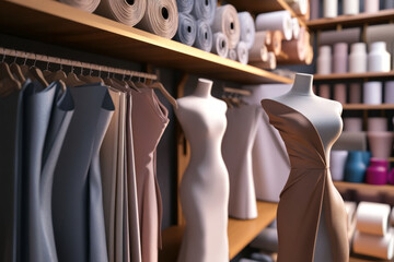 Fabric shop and sewing studio, mannequin dressed in elegant, exclusive dress. Scene of tailoring, with rolls of fabric, sewing tool for fashion, craftsmanship, and bespoke clothing.