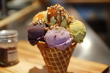A delightful waffle cone overflows with vibrant ice cream, topped with nuts and caramel drizzle.