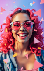 Obraz premium Cheerful woman with curly pink hair and glasses surrounded by colorful geometric shapes
