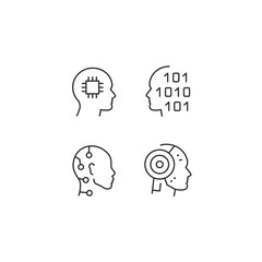 Robot face icons. Set of 4 AI technology minimal icons. Brain, Microchip, AI Interface, Robotics, Binary Code icon. Design signs for web page, mobile app, packaging design. Vector illustration