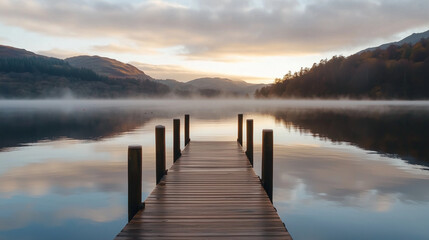 Fototapeta premium Serene Sunrise Over a Wooden Pier at a Calm Lake