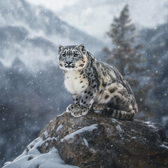 Fototapeta premium Majestic snow leopard perched on a rocky mountain ledge, piercing gaze, thick winter coat, soft snowfall in the background, cinematic wildlife portrait, ultra-HD 8K sharpness 