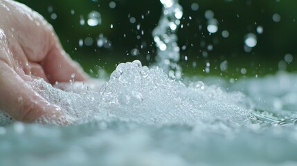 Fototapeta premium Hand touching fresh splashing water with bubbles in a garden during daytime.