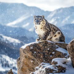 Fototapeta premium Majestic snow leopard perched on a rocky mountain ledge, piercing gaze, thick winter coat, soft snowfall in the background, cinematic wildlife portrait, ultra-HD 8K sharpness 