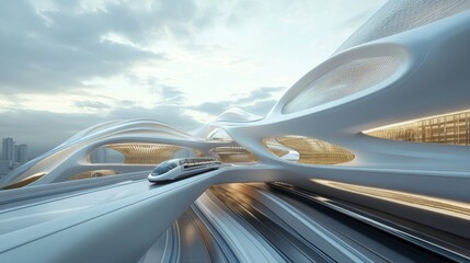 Fototapeta premium Futuristic train station architecture, urban transport, city scene, modern design, 3D render, travel