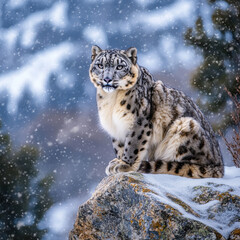 Fototapeta premium Majestic snow leopard perched on a rocky mountain ledge, piercing gaze, thick winter coat, soft snowfall in the background, cinematic wildlife portrait, ultra-HD 8K sharpness 