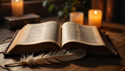 Ancient Bible with Candlelight and Quill