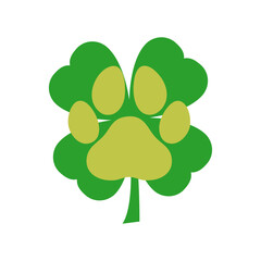 Día de San Patricio. Logo pet friendly. Silueta de zarpa de perro o gato con trébol de 4 hojas para su uso en tarjetas y felicitaciones