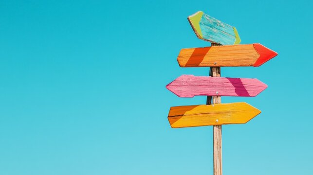 Four colorful wooden arrows pointing in different directions on a wooden pole represent the concept of choice, decision making, and finding the right path against a clear blue sky