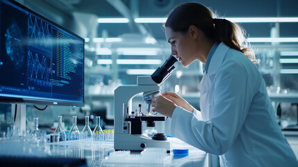 Modern laboratory with scientist examining DNA sample under microscope