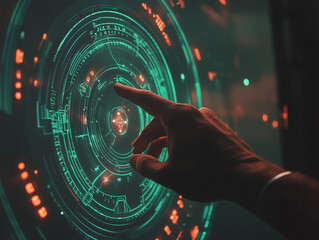 Hand Interacting with Digital Interface Displaying Data Icons and Alerts