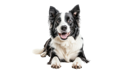 Happy border collie lying on a white background