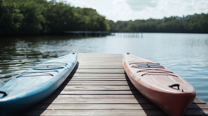 Obraz premium Kayaks and Paddleboards Ready for Water Adventure in Storage Area