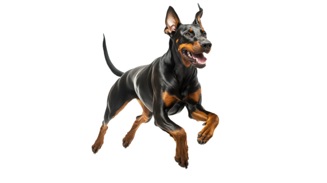 Doberman dog jumping happily in a bright setting