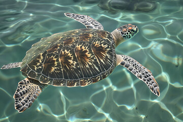 Obraz premium A graceful sea turtle swimming effortlessly through crystal-clear turquoise waters. Its intricately patterned shell glimmers in the sunlight filtering through the water's surface