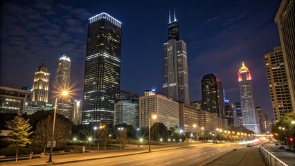 Obraz premium Modern City Skyline at Night with Illuminated Skyscrapers