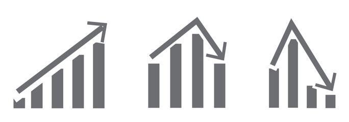 Growth and decline of company profits Isolated vector icon. Company performance indicator. Growing graph icon graph sign. Diagram of increasing and decreasing profits. Profit growth icons on white bac