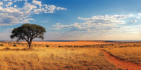 Obraz premium African Savanna Sunset with Golden Grasslands and Lone Acacia Tree