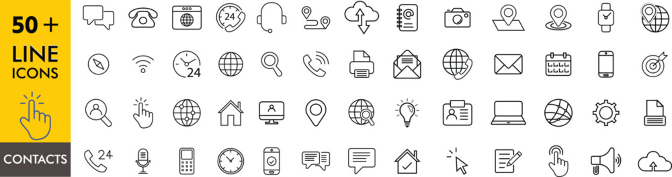 Contact icons. Web icons, home, call, email, address, location, globe, question mark, telephone, website, icon . Communication contact information icon. editable stroke
