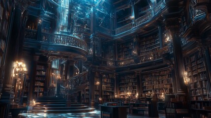 Fototapeta premium Grand library interior, ornate architecture, lit by candlelight, historical setting, possible use for book cover, movie set, or historical fiction illustrations