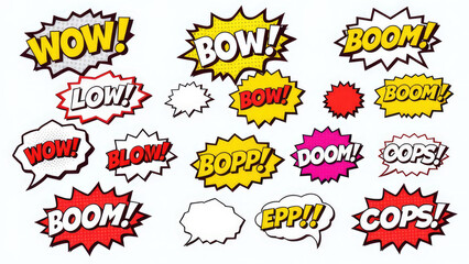 Obraz premium Colorful comic style sound effects in bold lettering on white background. Generative AI