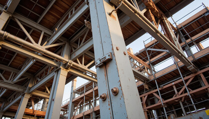 Industrial construction framework under blue sky, steel beam