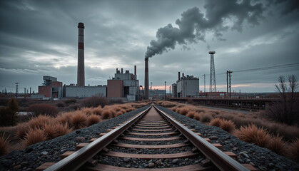 Fototapeta premium Industrial power plant with smoke against cloudy sky, train tracks