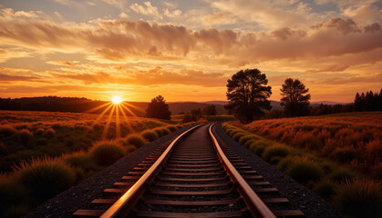 Obraz premium Railroad tracks winding through grassy landscape at sunset, train tracks