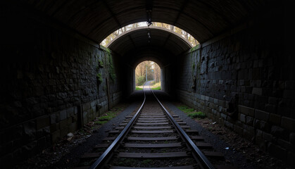 Obraz premium Railway tracks leading out of dark tunnel, train tracks