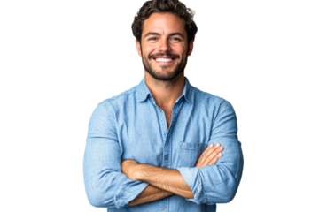 Smiling man in casual blue shirt poses confidently