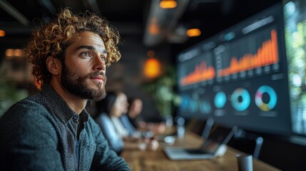 Young man contemplating data, team meeting, office