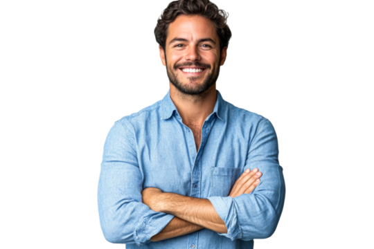 Smiling man in casual blue shirt poses confidently