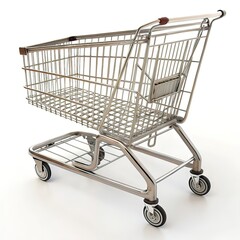 Empty Metal Shopping Cart with Wireframe Basket and Four Wheels on white background 