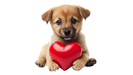 Cute puppy holds red heart toy with loving gaze